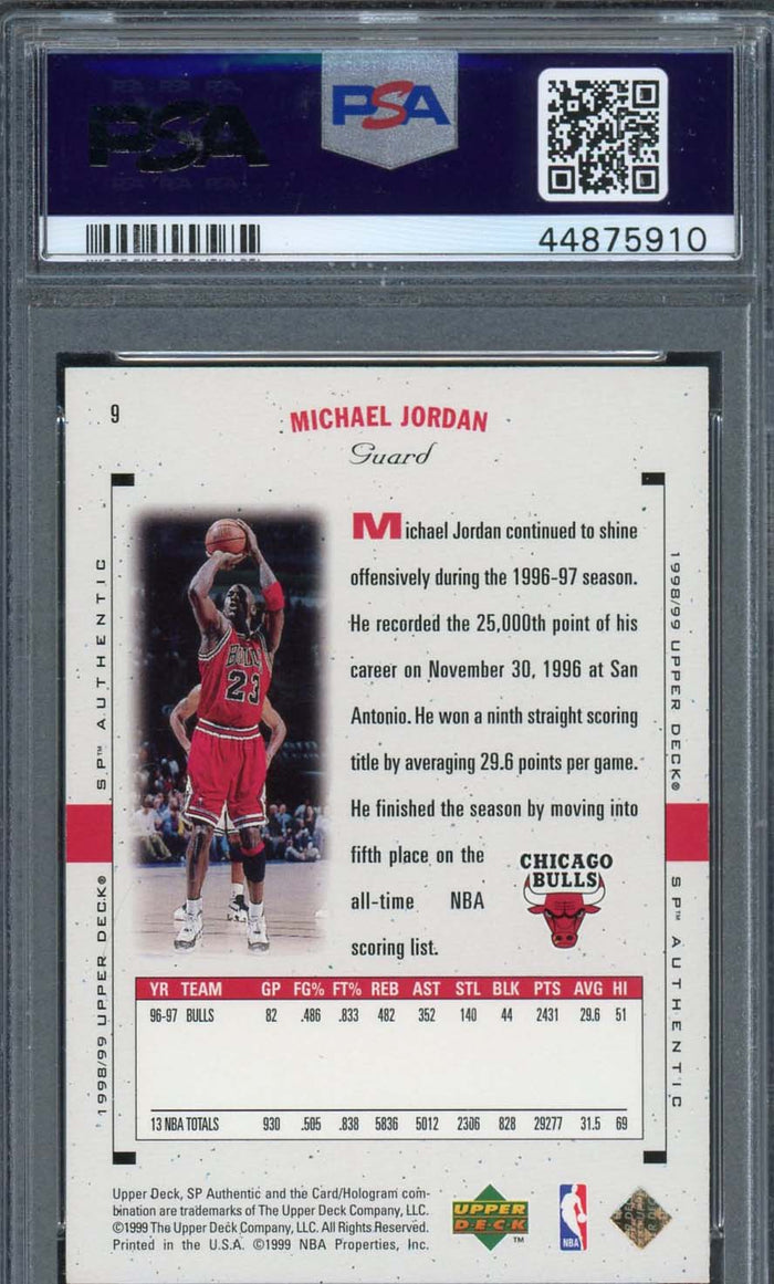 Michael Jordan 1998 SP Authentic Upper Deck Basketball Card #9 Graded PSA 9 MINT-Powers Sports Memorabilia