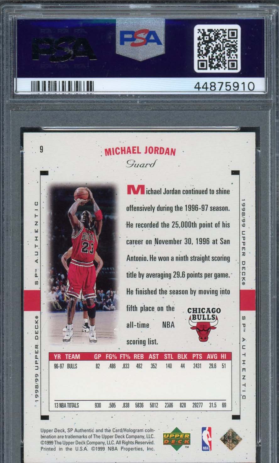 Michael Jordan 1998 SP Authentic Upper Deck Basketball Card #9 Graded PSA 9 MINT-Powers Sports Memorabilia