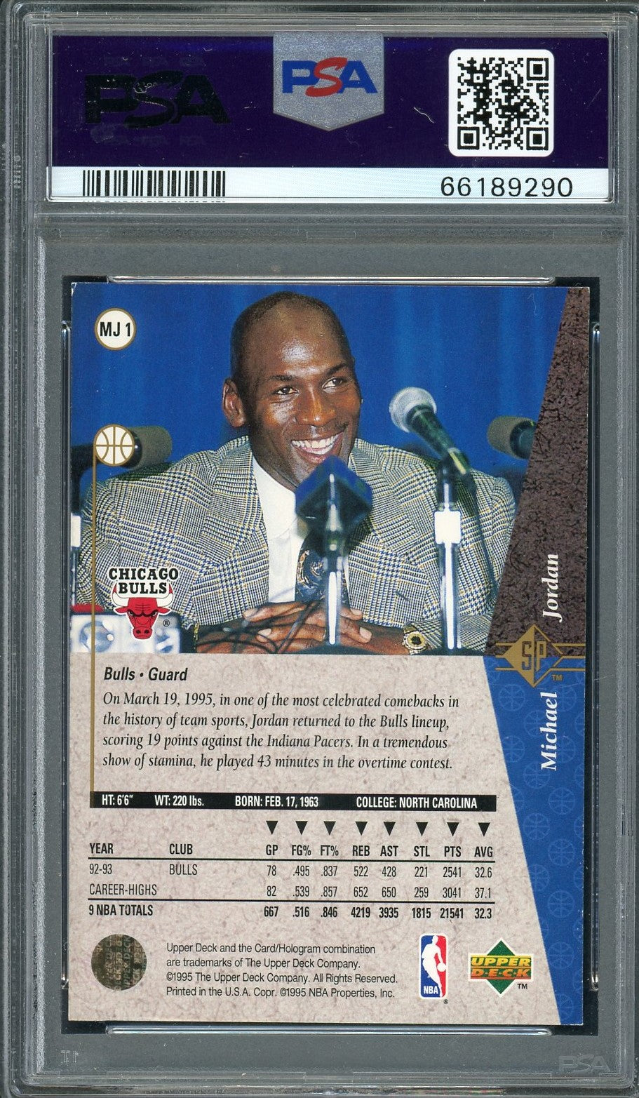 Michael Jordan 1994 SP Upper Deck Red Basketball Card #MJ1 Graded PSA 7-Powers Sports Memorabilia
