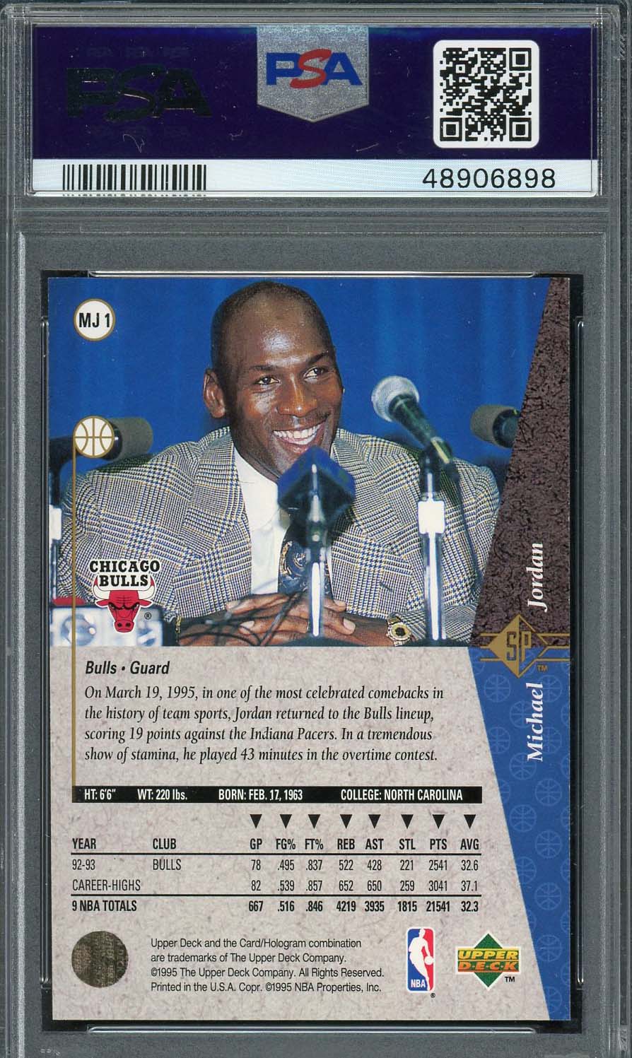 Michael Jordan 1994 SP Upper Deck Red Basketball Card #MJ1 Graded PSA 8-Powers Sports Memorabilia