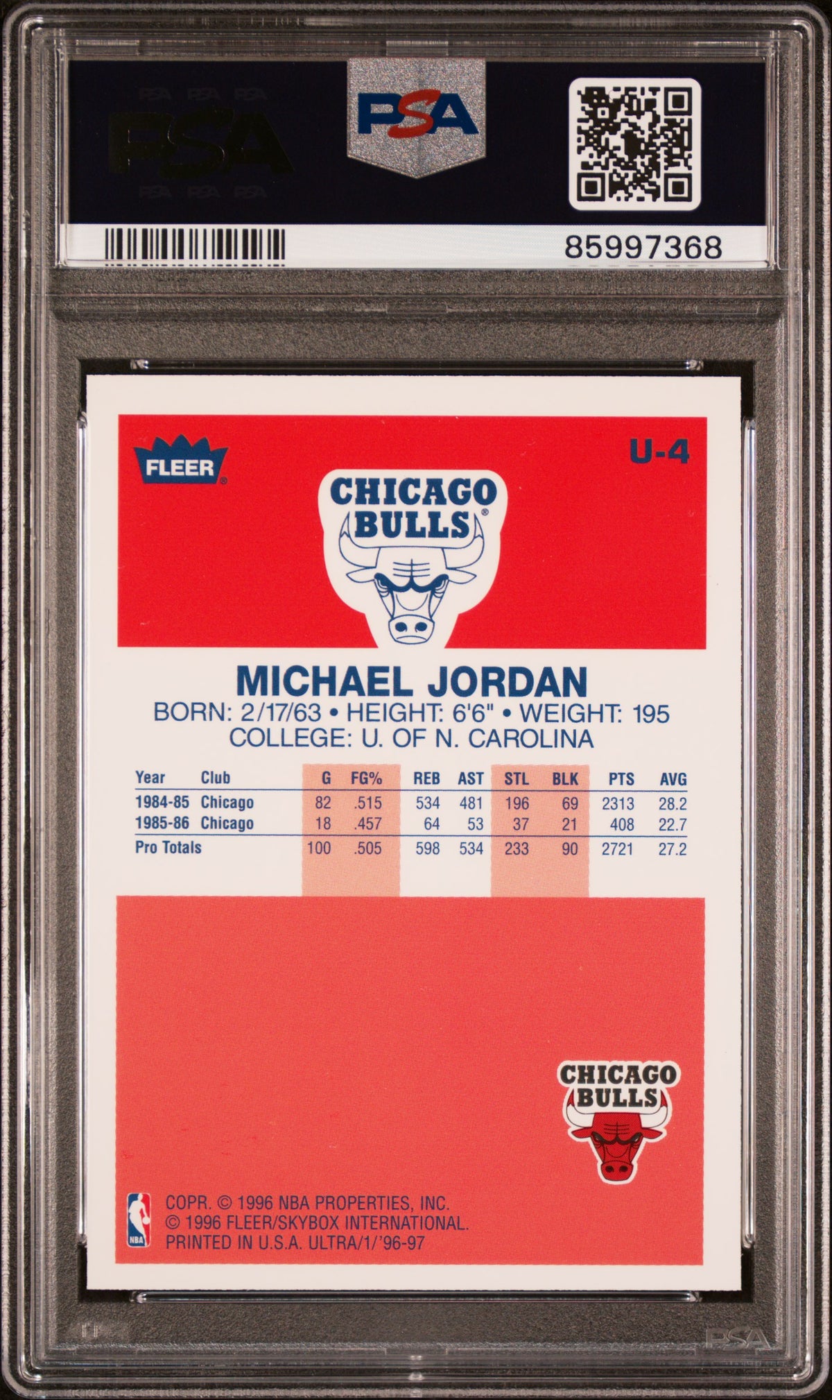Michael Jordan 1996 Ultra Decade of Excellence Card #U-4 Graded PSA 8-Powers Sports Memorabilia