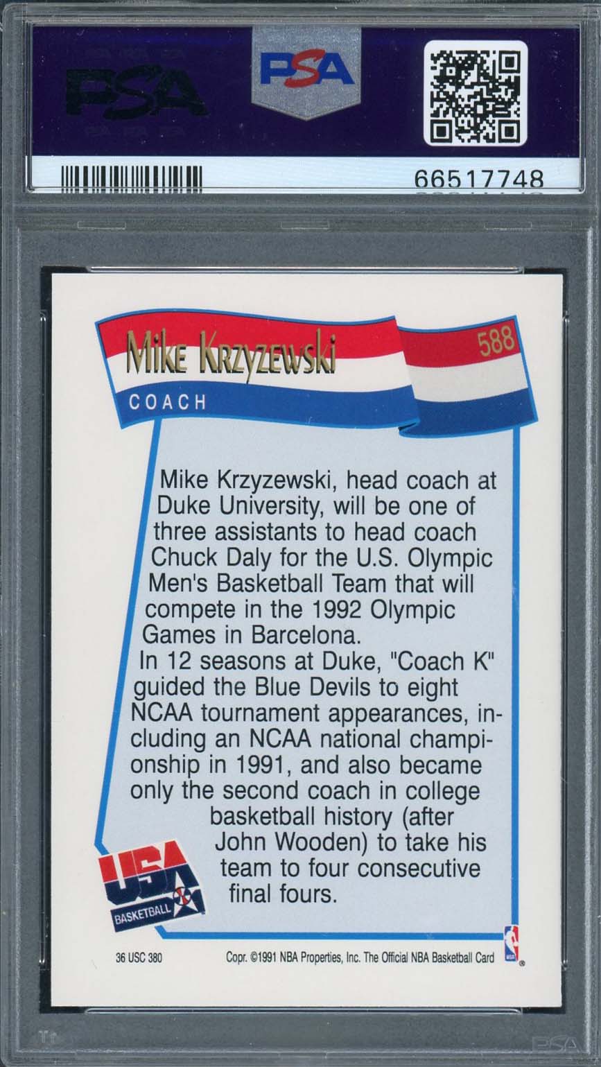 Mike Krzyzewski 1991 Hoops Basketball Card #588 Graded PSA 9-Powers Sports Memorabilia