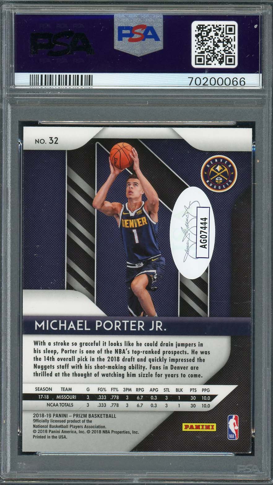 Michael Porter Jr 2018 Panini Prizm Signed Basketball Rookie Card #32 Auto PSA-Powers Sports Memorabilia
