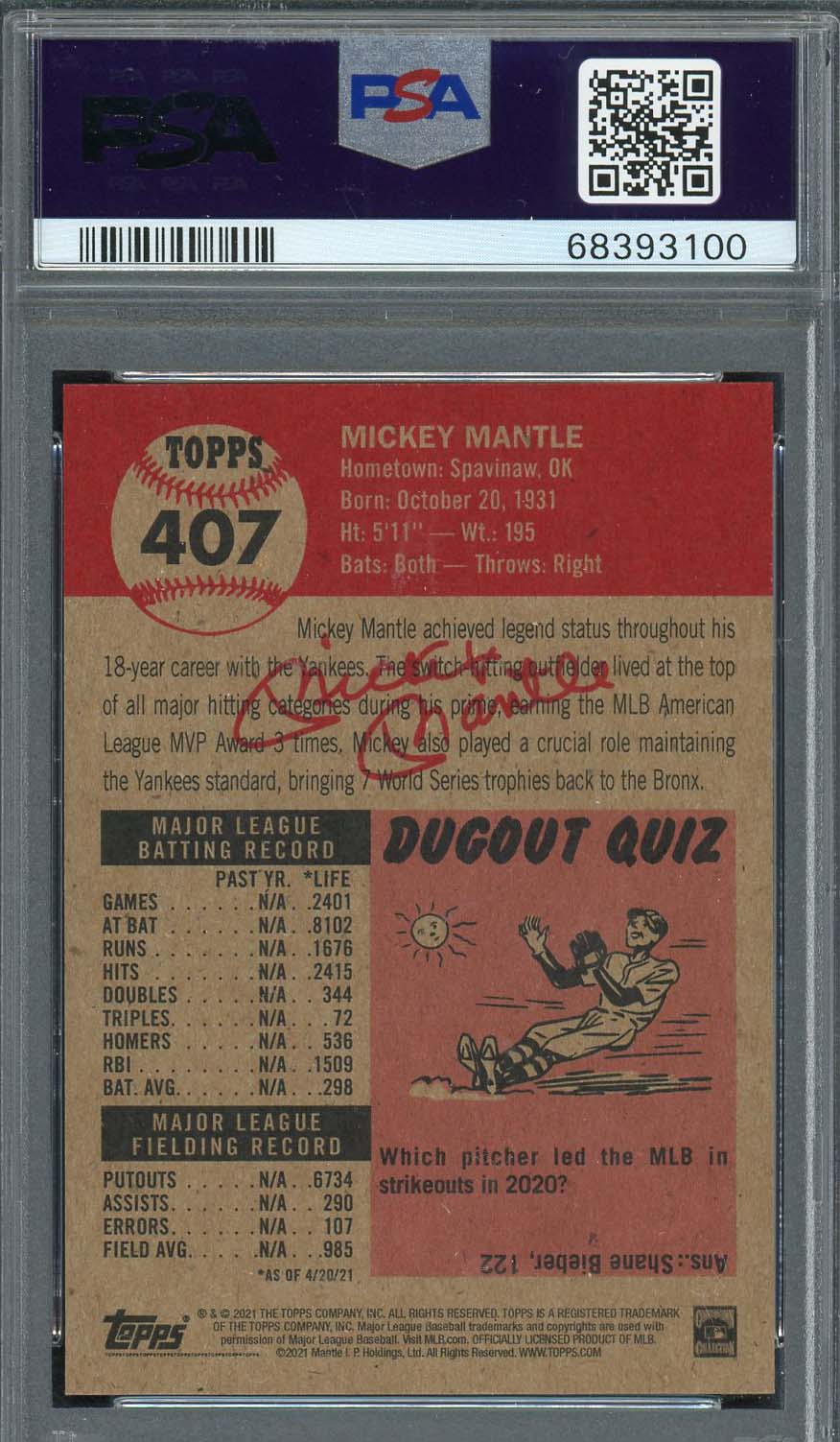 Mickey Mantle 2021 Topps Living Baseball Card #407 Graded PSA 9-Powers Sports Memorabilia