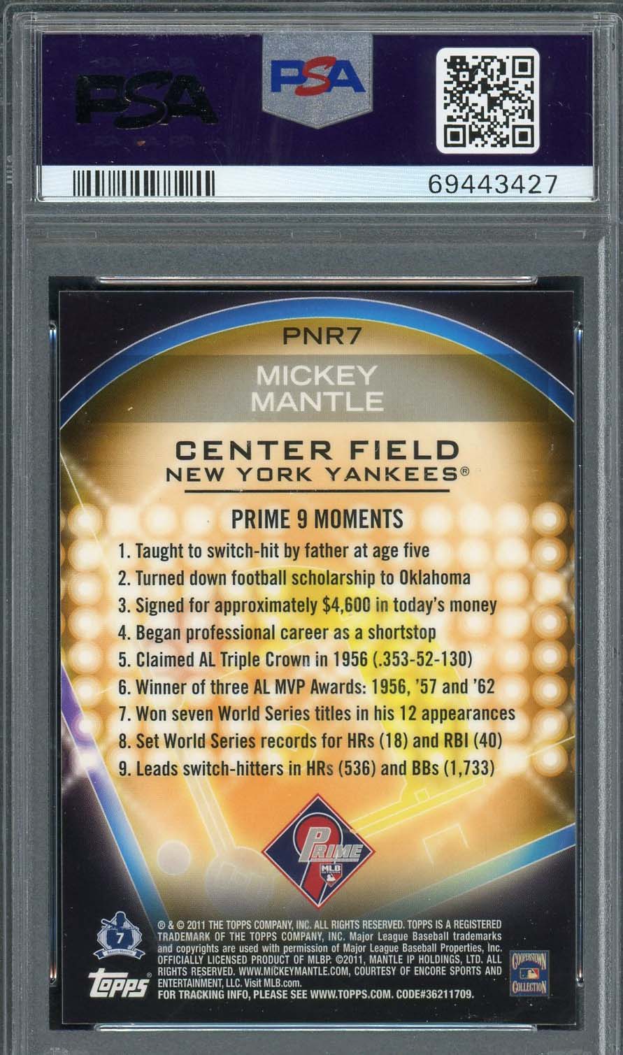 Mickey Mantle 2011 Topps Prime 9 Player Baseball Card #PNR7 Graded PSA 10