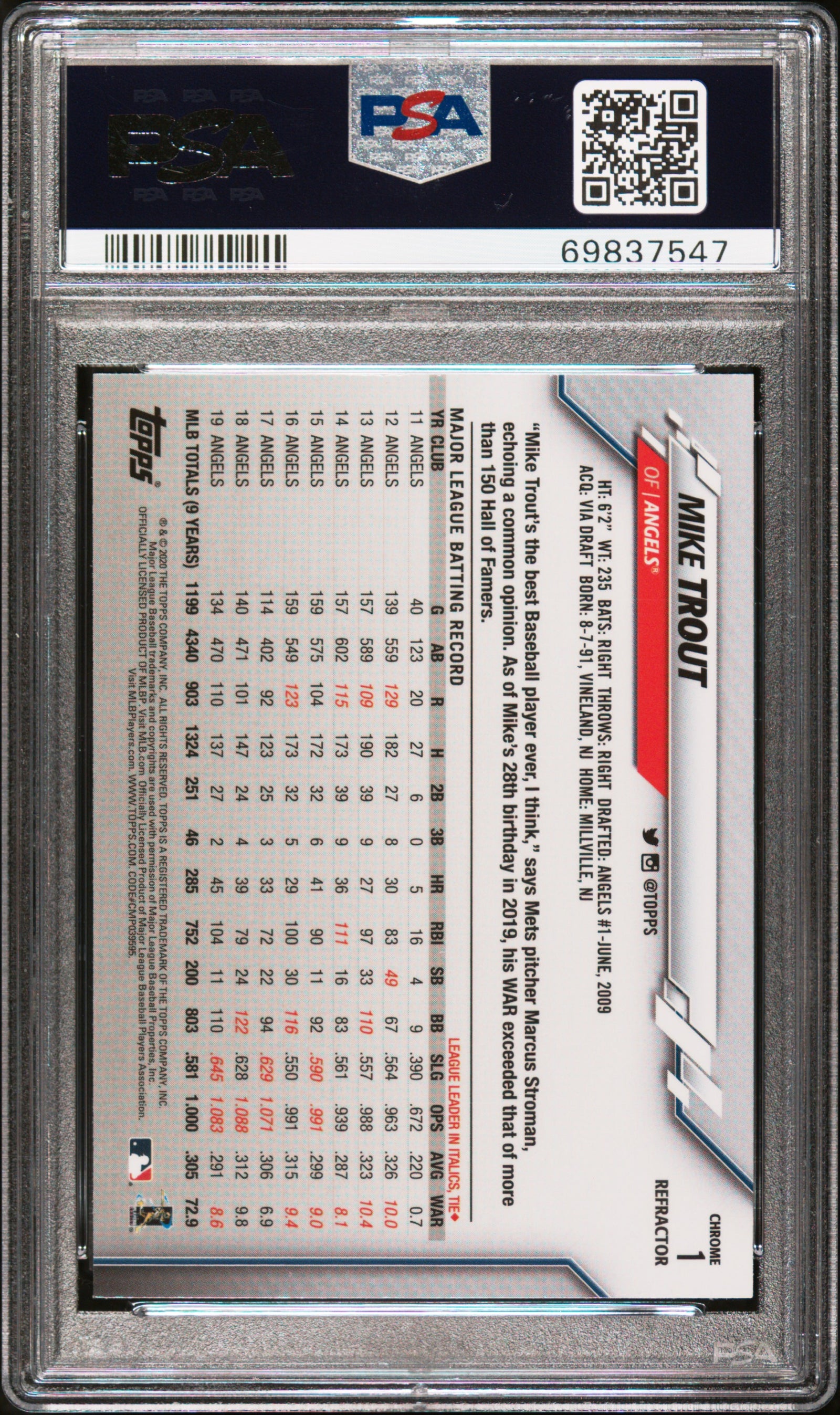 Mike Trout 2020 Topps Chrome Sepia Baseball Card #1 Graded PSA 10-Powers Sports Memorabilia