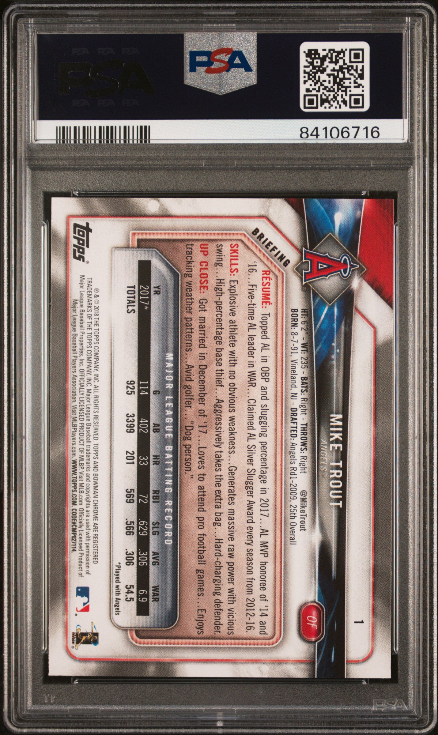 Mike Trout 2018 Bowman Baseball Card #1 Graded PSA 10-Powers Sports Memorabilia