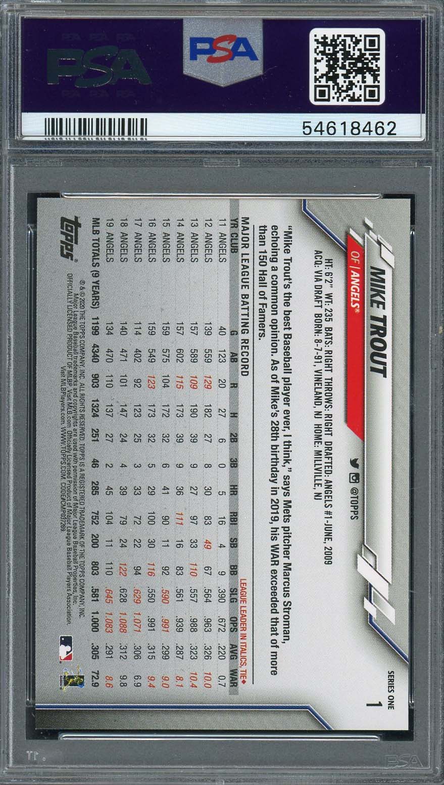Mike Trout 2020 Topps Baseball Card #1 Graded PSA 10-Powers Sports Memorabilia