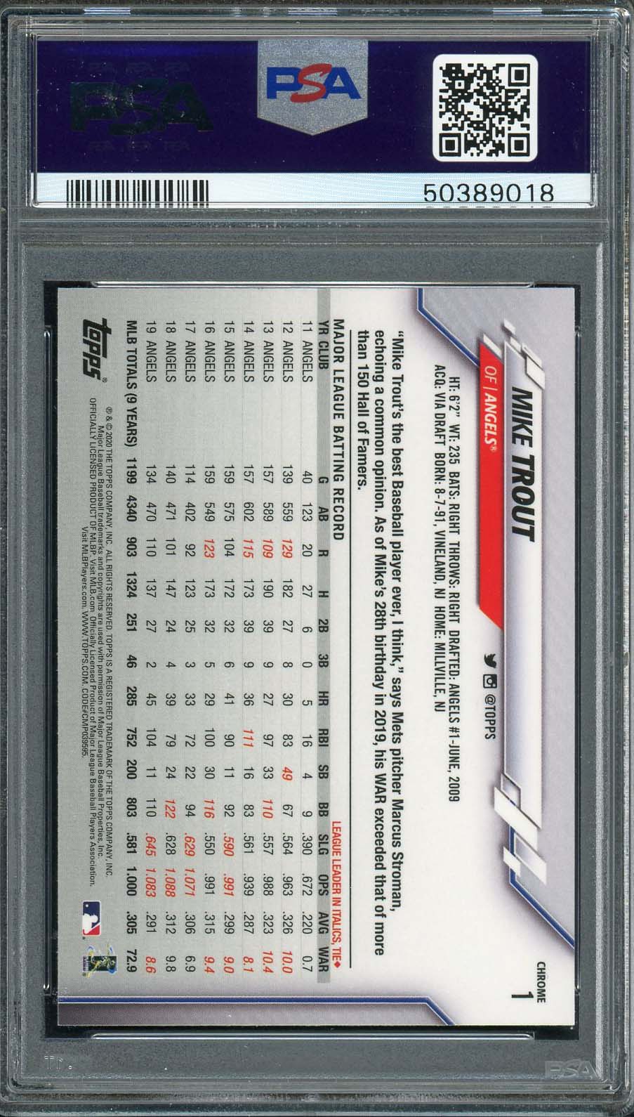 Mike Trout 2020 Topps Chrome Prism Refractor Baseball Card #1 Graded PSA 10 GEM MINT-Powers Sports Memorabilia