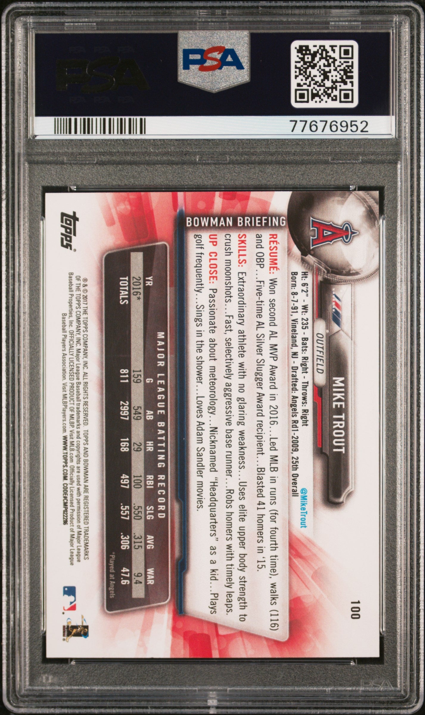 Mike Trout 2017 Bowman Baseball Card #100 Graded PSA 10-Powers Sports Memorabilia