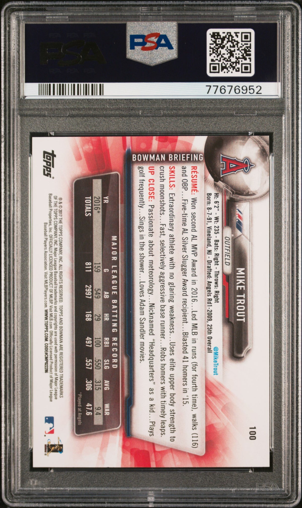 Mike Trout 2017 Bowman Baseball Card #100 Graded PSA 10-Powers Sports Memorabilia