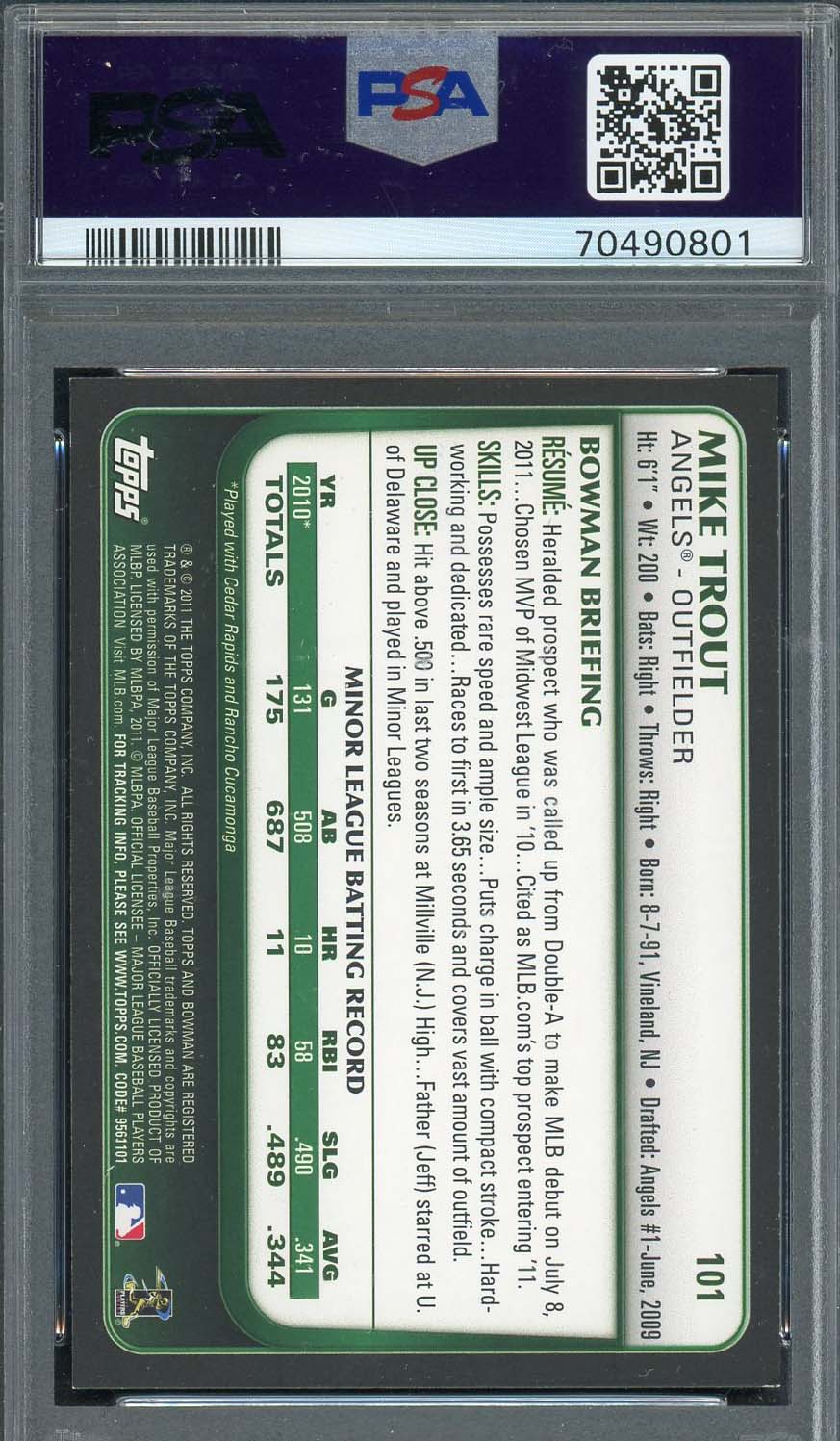 Mike Trout 2011 Bowman Draft Baseball Rookie Card RC #101 Graded PSA 8-Powers Sports Memorabilia