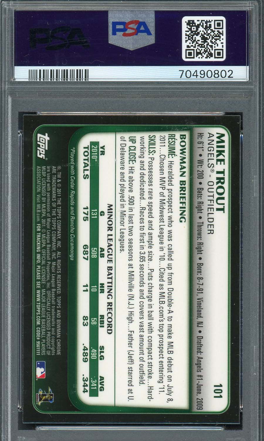 Mike Trout 2011 Bowman Chrome Draft Baseball Rookie Card RC #101 Graded PSA 8-Powers Sports Memorabilia