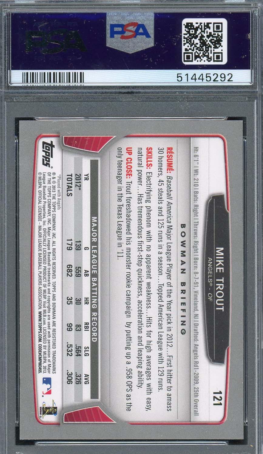 Mike Trout 2013 Bowman Baseball Card #121 Graded PSA 10 GEM MINT-Powers Sports Memorabilia