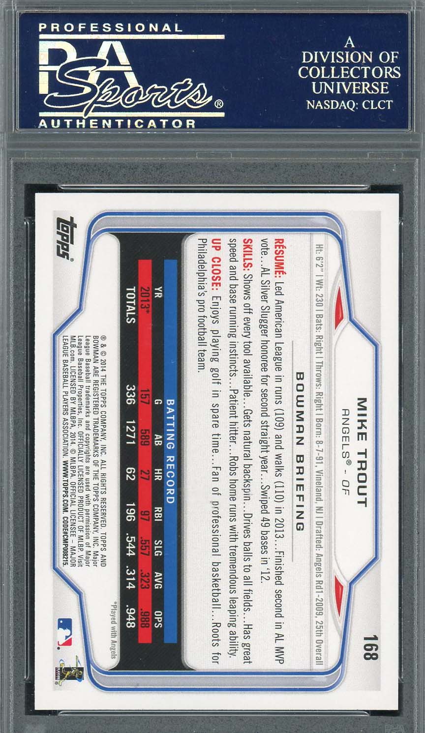 Mike Trout 2014 Bowman Baseball Card #168 Graded PSA 10-Powers Sports Memorabilia