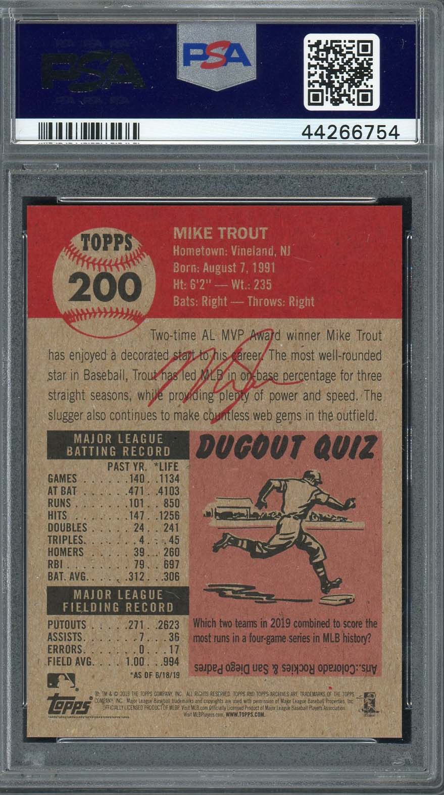 Mike Trout 2019 Topps Living Baseball Card #200 Graded PSA 10-Powers Sports Memorabilia