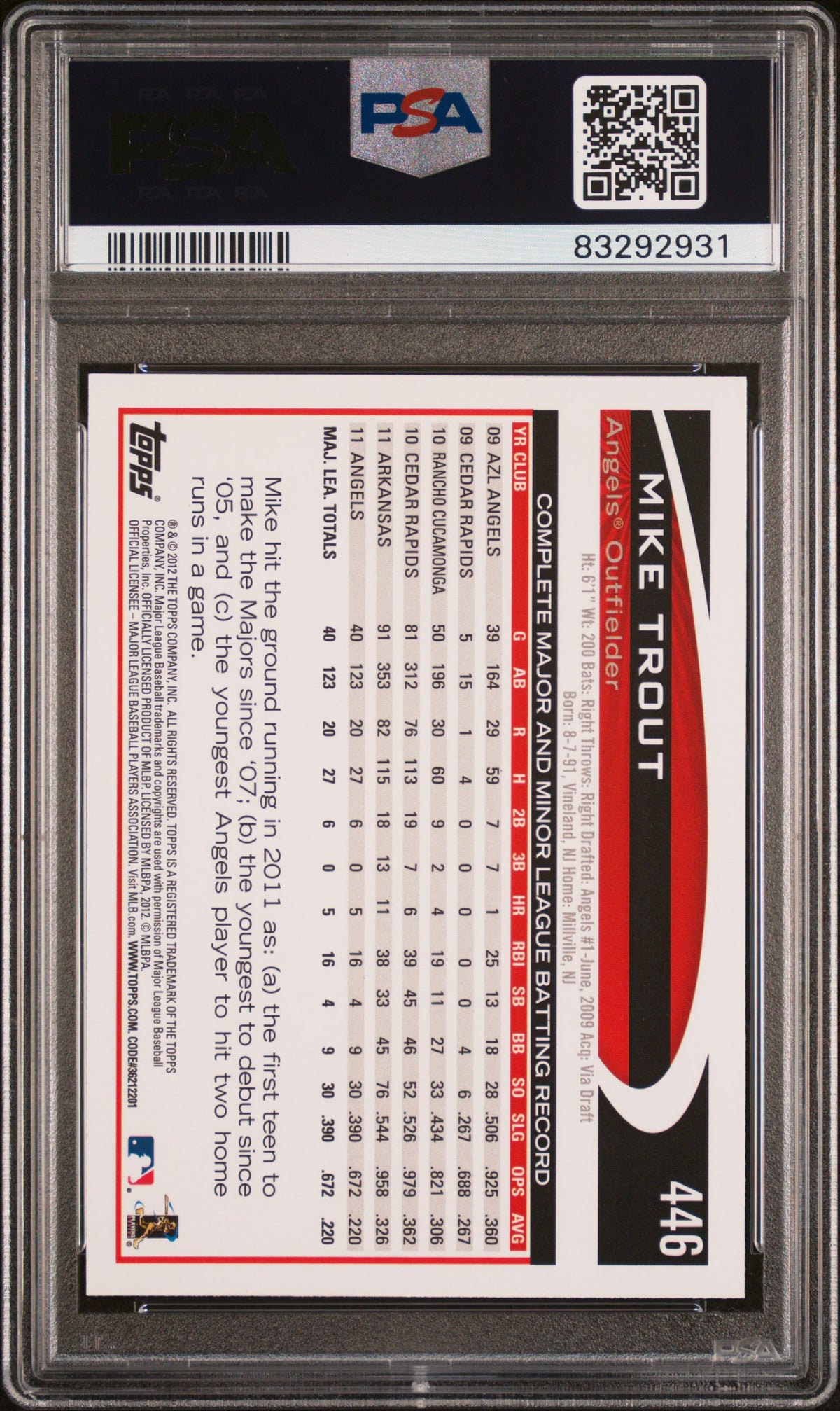 Mike Trout 2012 Topps Baseball Card #446 Graded PSA 10-Powers Sports Memorabilia