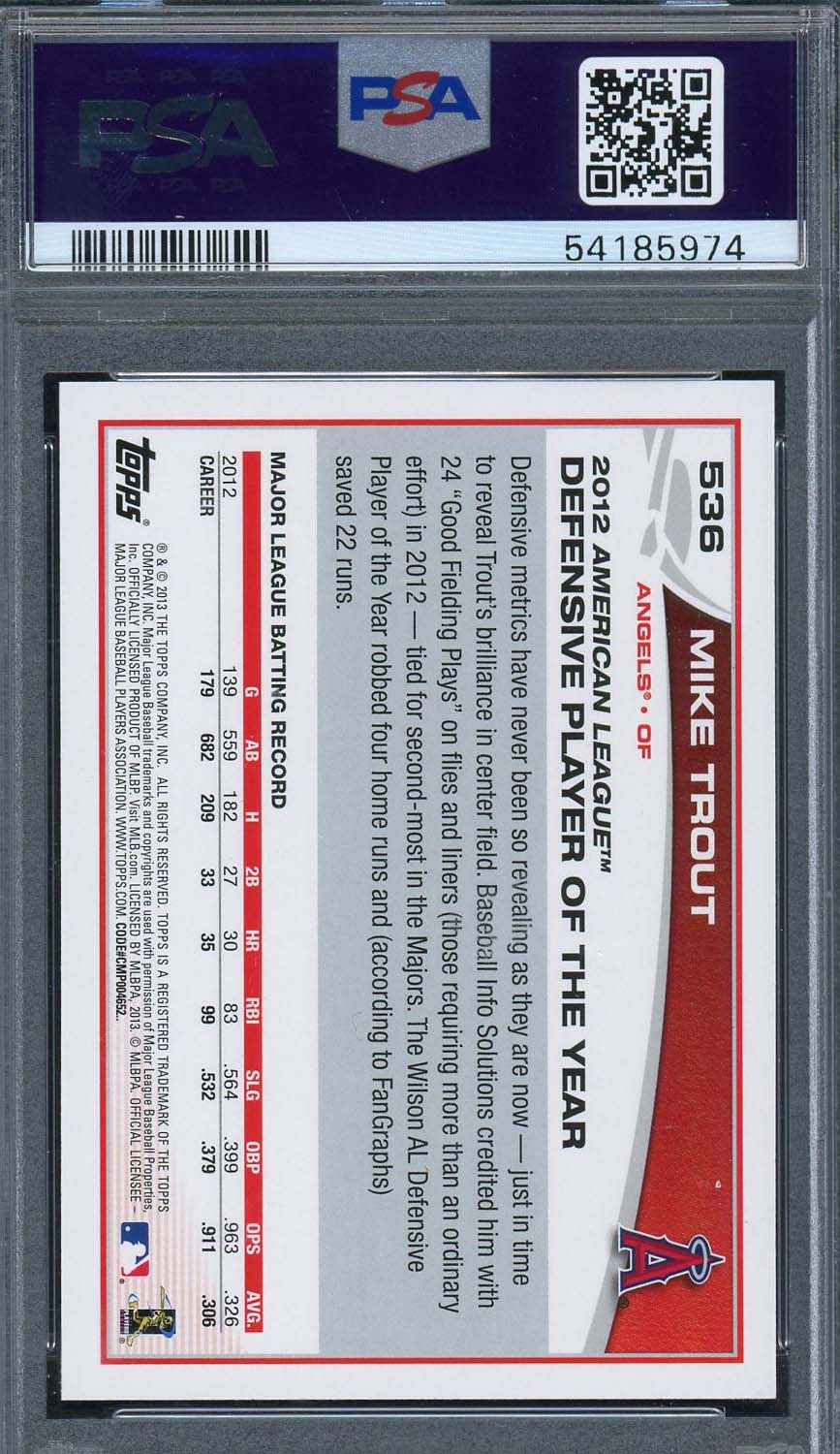 Mike Trout 2013 Topps Baseball Card #536 Graded PSA 10