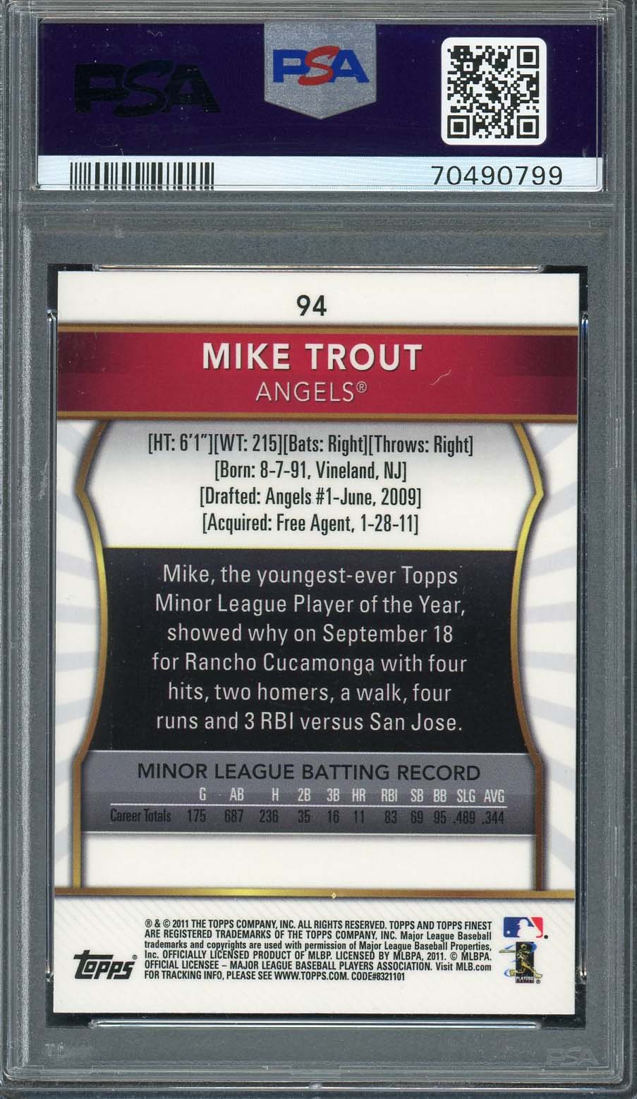 Mike Trout 2011 Topps Finest Baseball Rookie Card RC #94 Graded PSA 8-Powers Sports Memorabilia