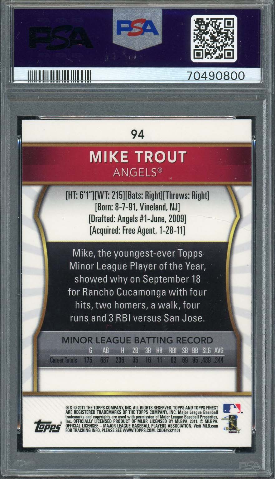 Mike Trout 2011 Topps Finest Baseball Rookie Card RC #94 Graded PSA 9-Powers Sports Memorabilia