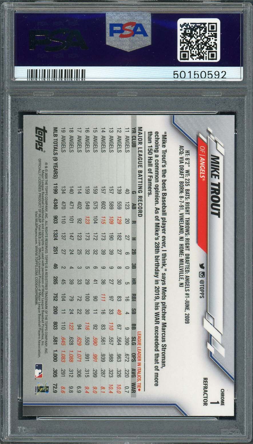 Mike Trout 2020 Topps Chrome Refractor Baseball Card #1 Graded PSA 10 GEM MINT-Powers Sports Memorabilia