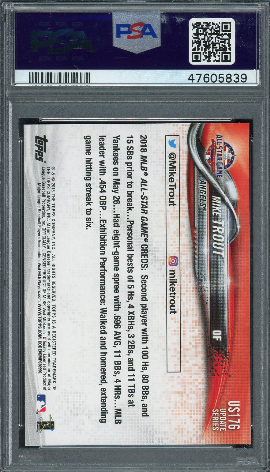 Mike Trout 2018 Topps Update Baseball Card #US176 Graded PSA 10 GEM MINT-Powers Sports Memorabilia