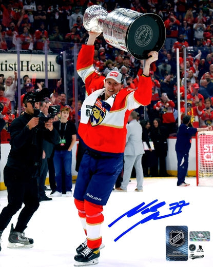 Autographed Niko Mikkola Florida Panthers (2024 Stanley Cup Trophy) 8x10 Photo-Powers Sports Memorabilia
