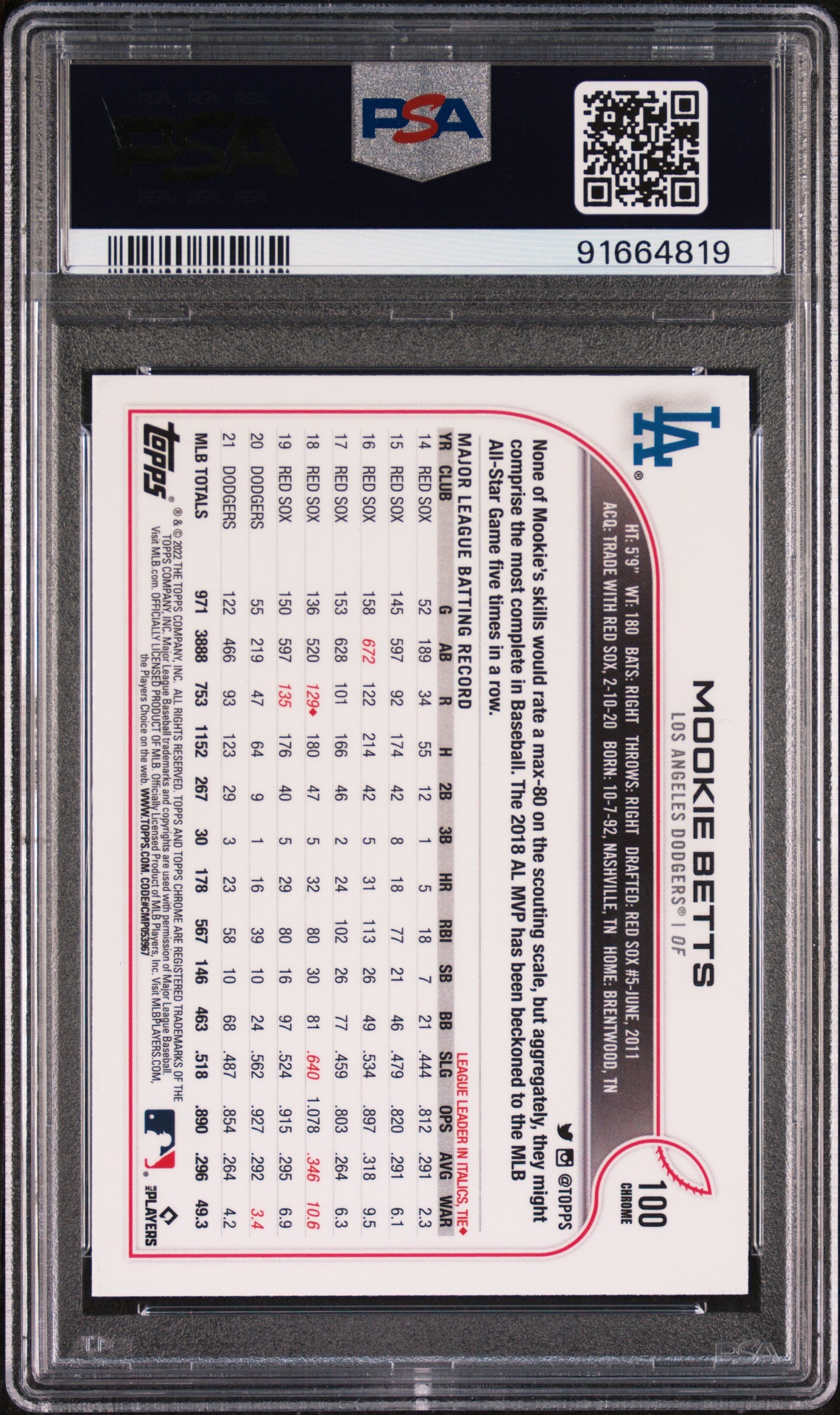 Mookie Betts 2022 Topps Chrome Sepia Refractor Baseball Card #100 Graded PSA 9-Powers Sports Memorabilia