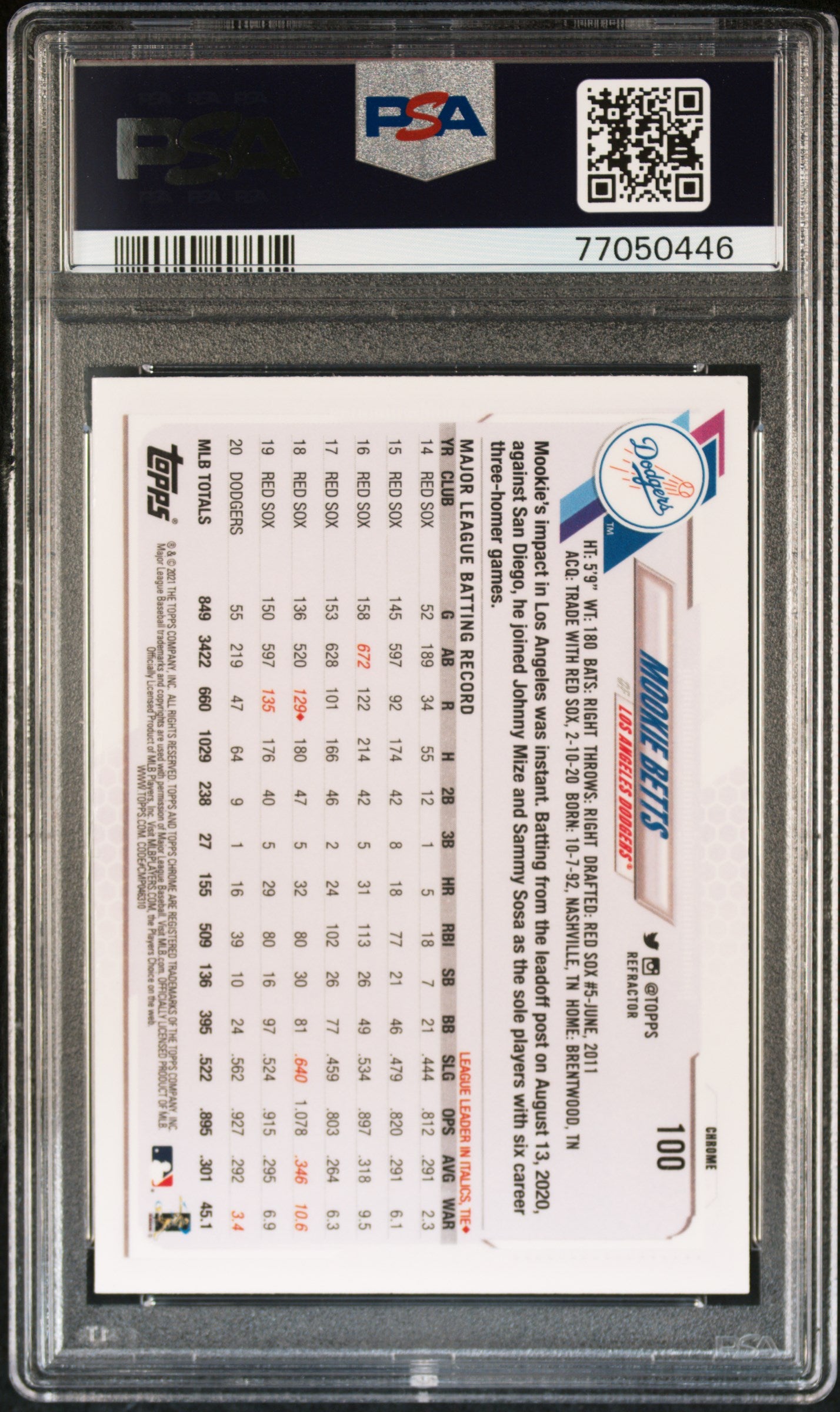 Mookie Betts 2021 Topps Chrome Sepia Refractor Baseball Card #100 Graded PSA 10-Powers Sports Memorabilia