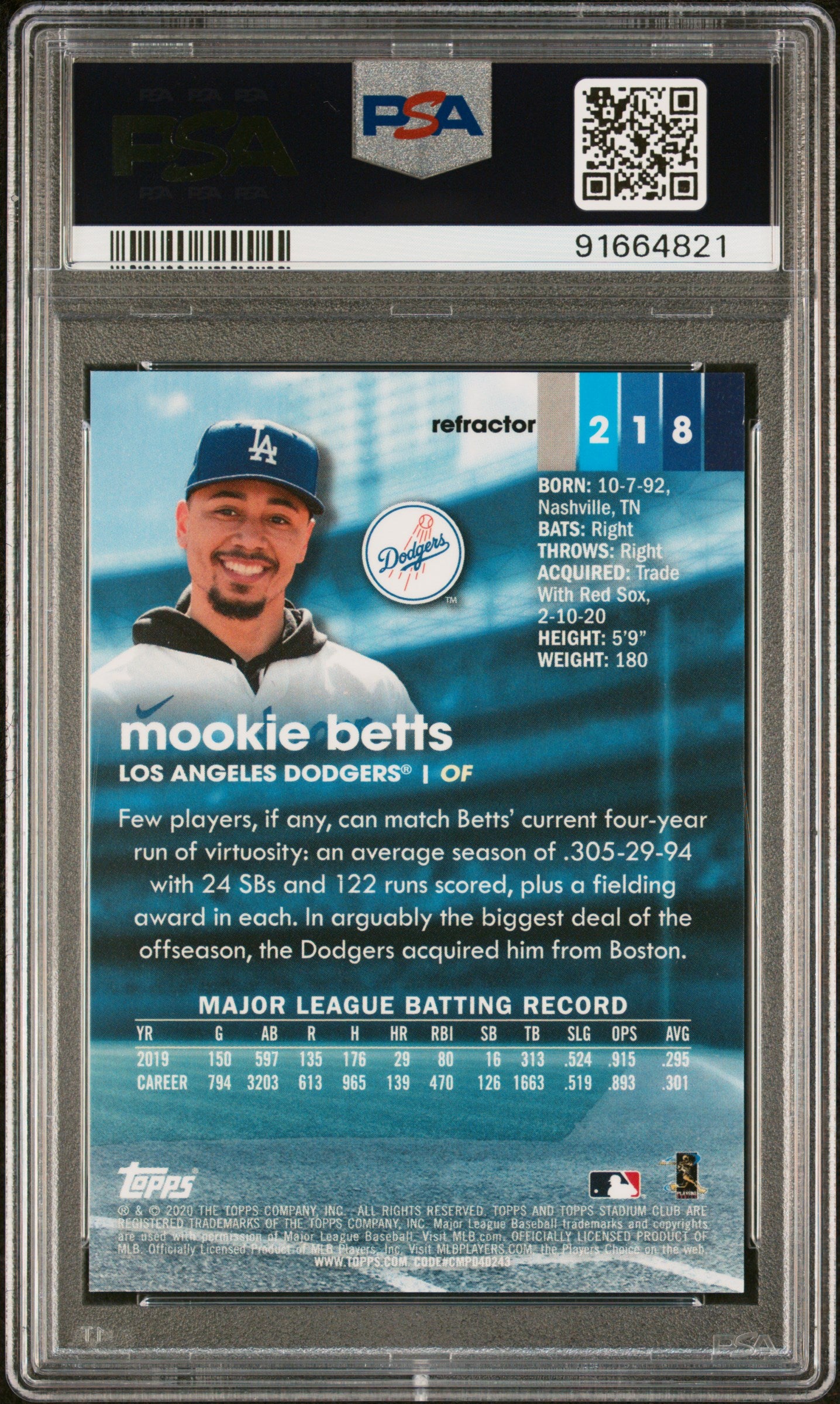 Mookie Betts 2020 Topps Stadium Club Chrome Refractor Card #218 Graded PSA 10-Powers Sports Memorabilia