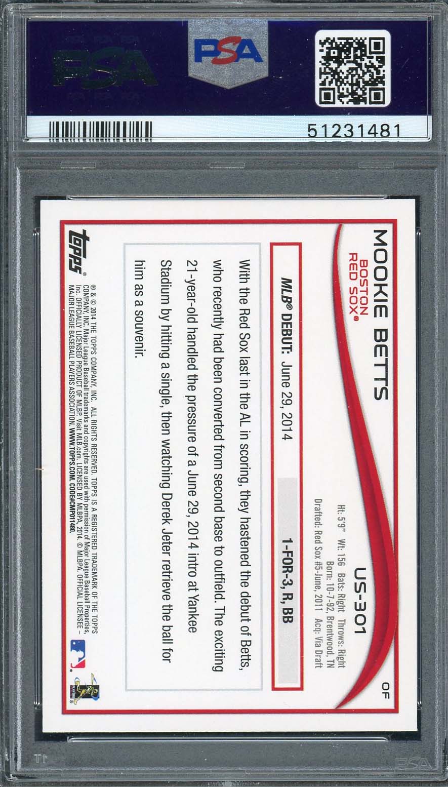 Mookie Betts 2014 Topps Update Baseball Rookie Card #US301 Graded PSA 10-Powers Sports Memorabilia