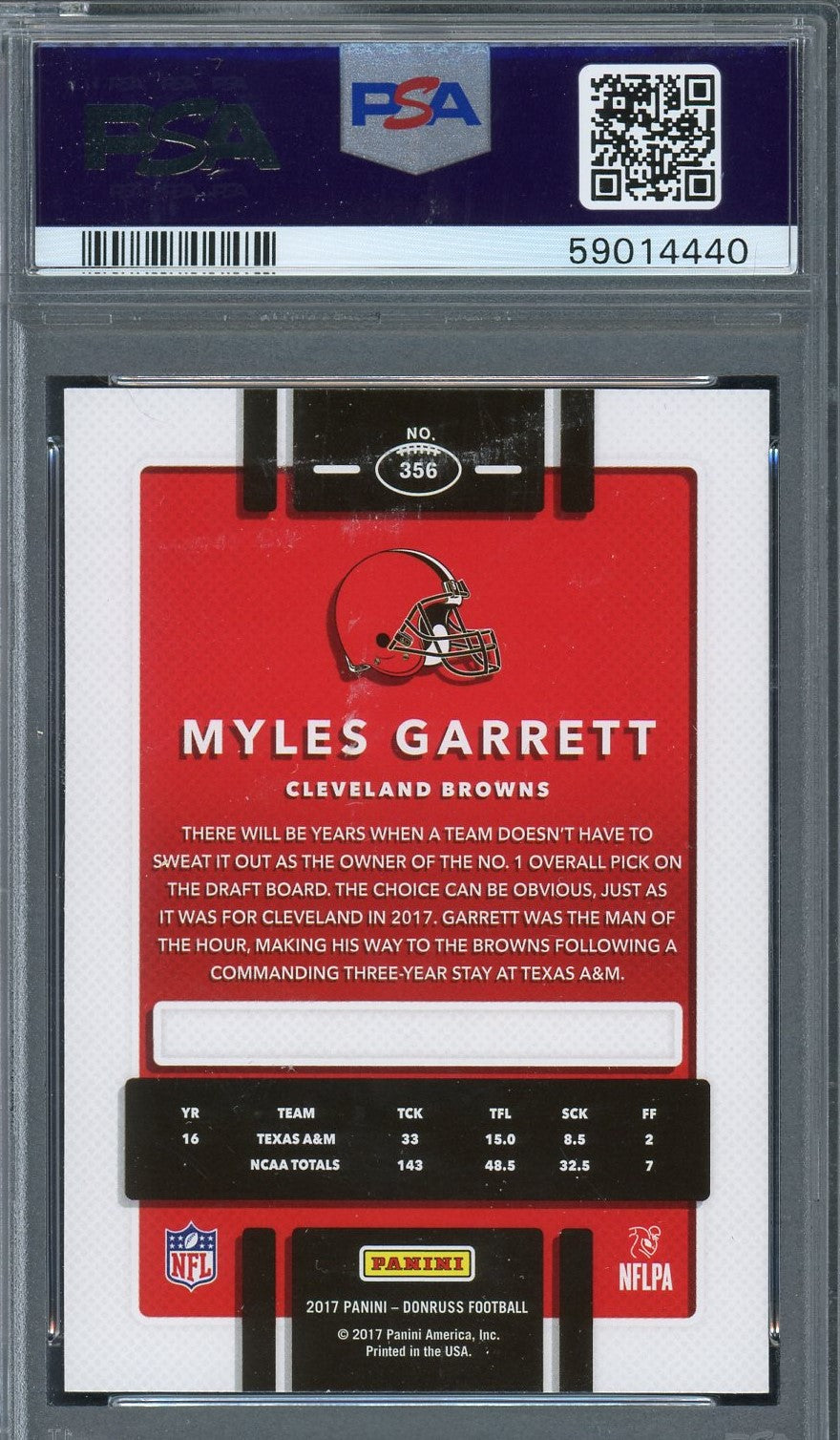 Myles Garrett 2017 Panini Donruss Football Rookie Card #356 Graded PSA 10-Powers Sports Memorabilia