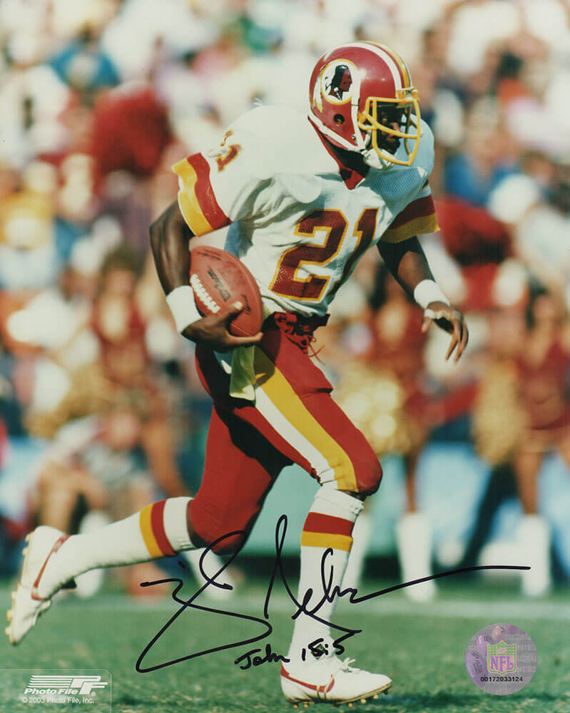 Mike Nelms Autographed Washington Football Team White Jersey With Football 8x10 Photo-Powers Sports Memorabilia