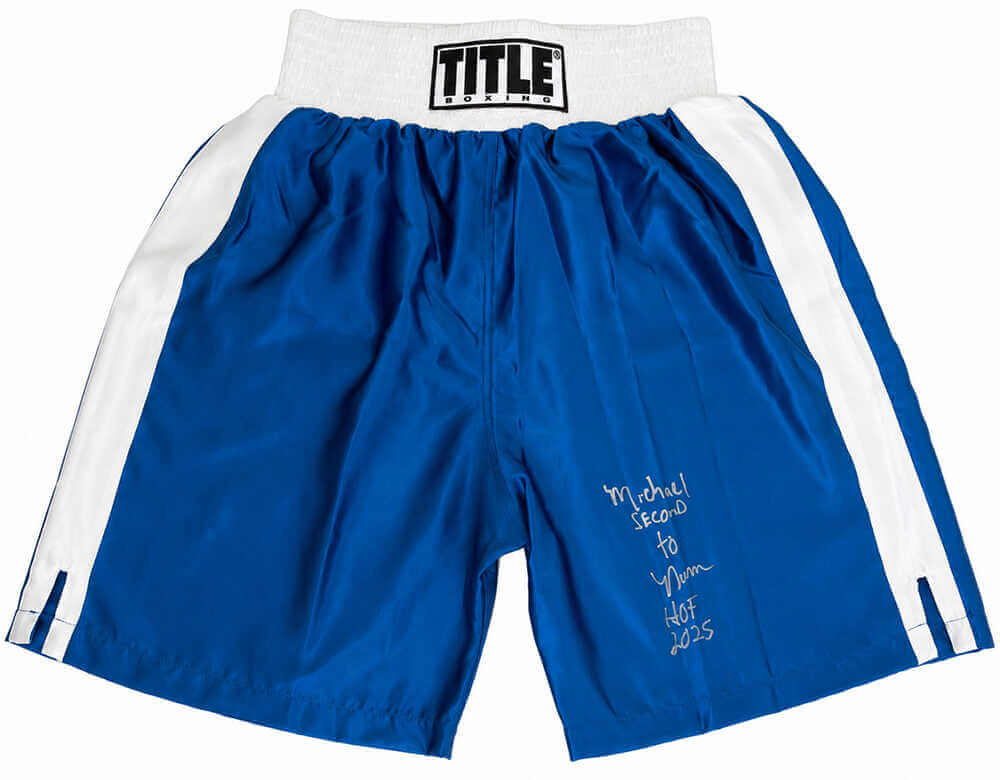 Michael Nunn Autographed Title Blue With White Trim Boxing Trunks with HOF 2025-Powers Sports Memorabilia