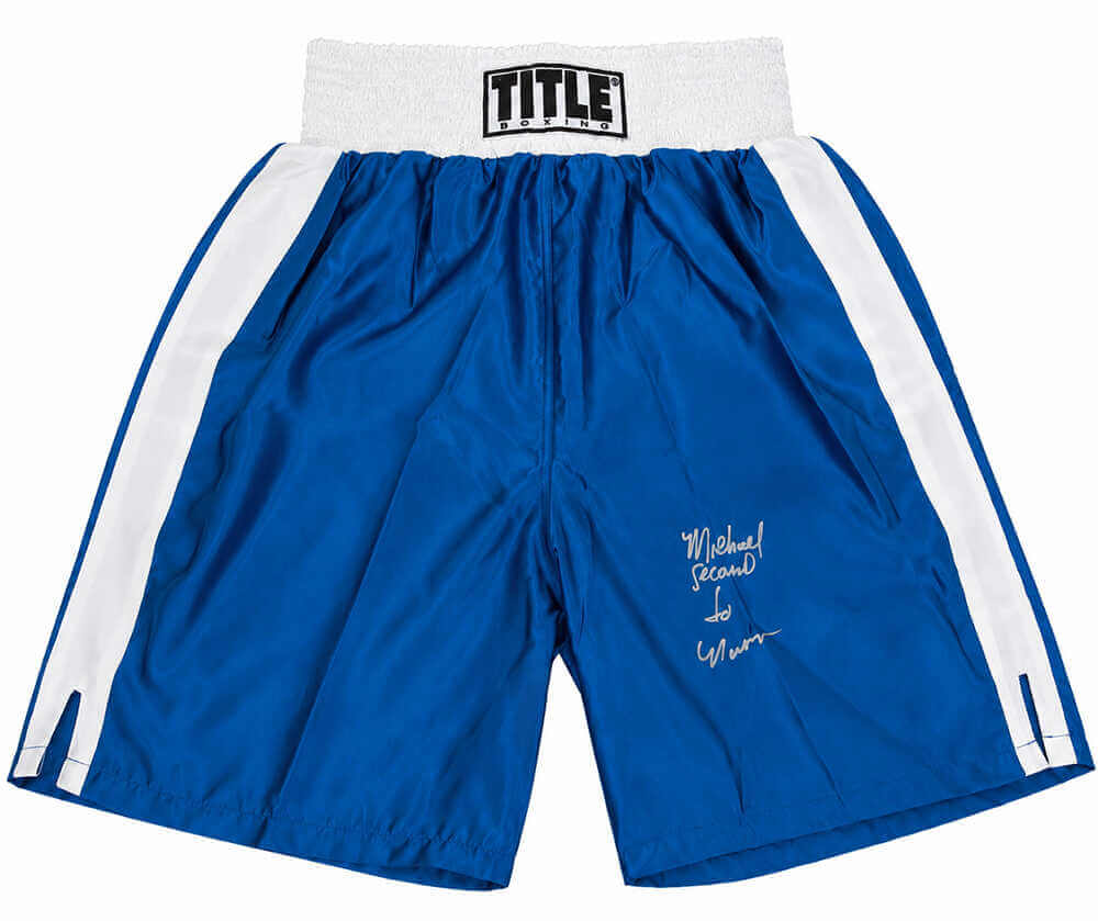 Michael Nunn Autographed Title Blue With White Trim Boxing Trunks-Powers Sports Memorabilia