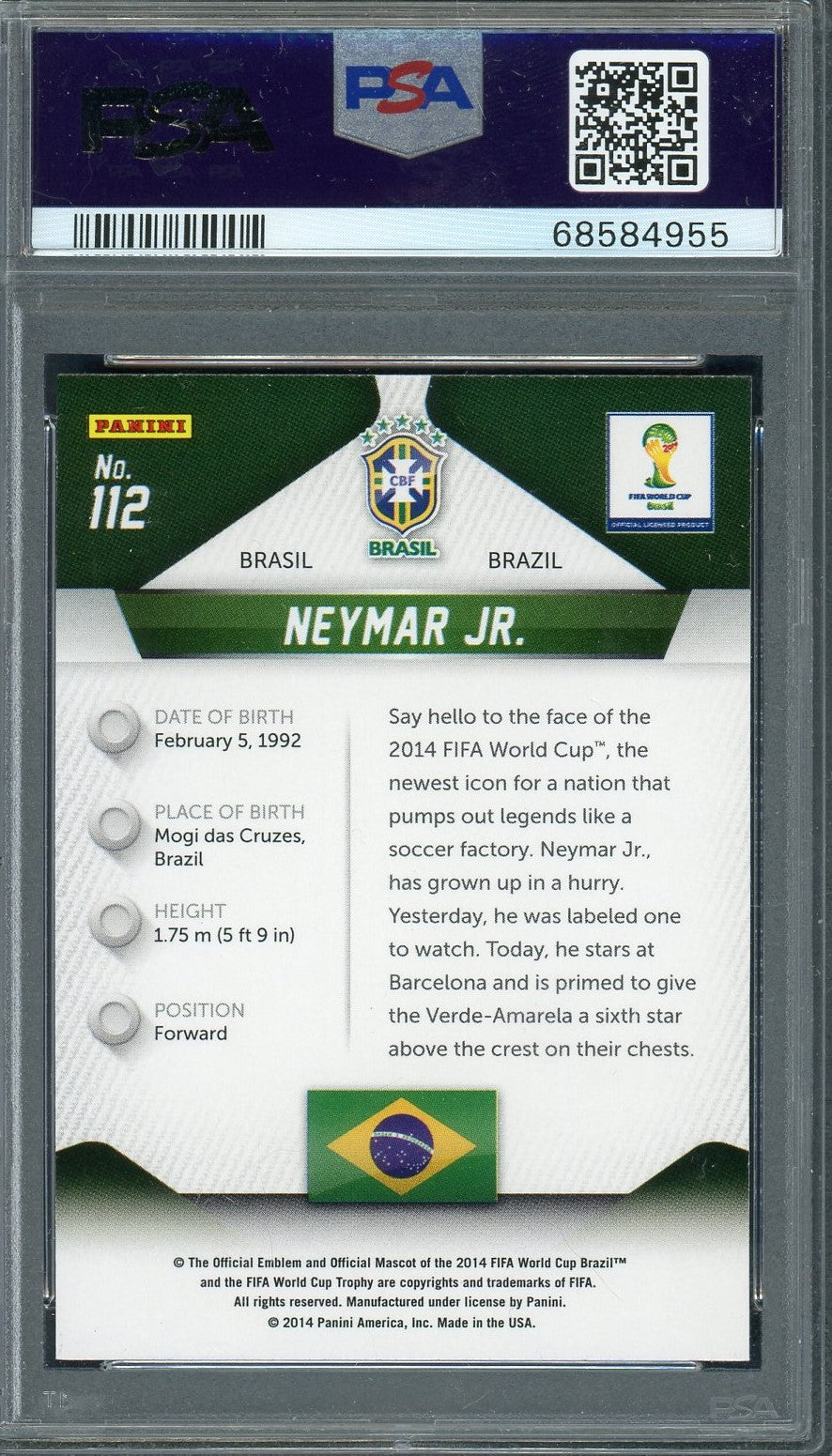 Neymar Jr 2014 Panini Prizm World Cup Soccer Card #112 Graded PSA 10-Powers Sports Memorabilia