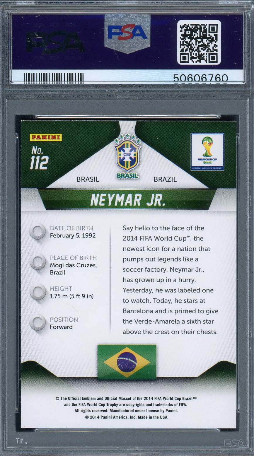Neymar Jr 2014 Panini Prizm World Cup Card #112 PSA 9-Powers Sports Memorabilia