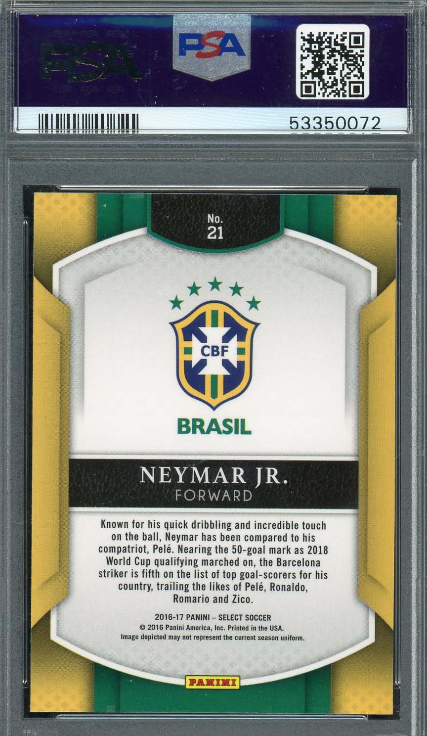 Neymar Jr 2016 Panini Select Soccer Card #21 Graded PSA 9-Powers Sports Memorabilia