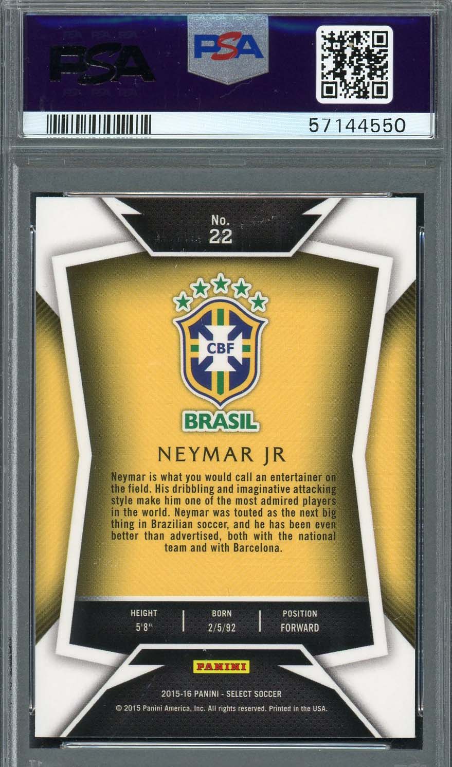 Neymar Jr 2015 Panini Select Yellow Jersey Soccer Card #22 Graded PSA 10-Powers Sports Memorabilia