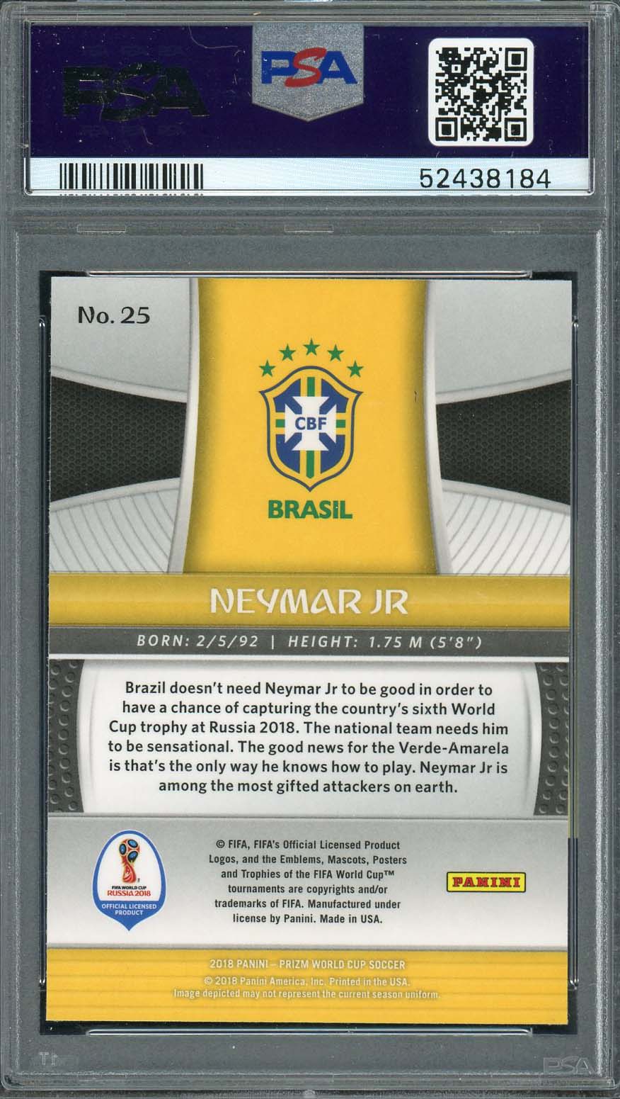 Neymar Jr 2018 Panini Prizm World Cup Soccer Card #25 Graded PSA 10-Powers Sports Memorabilia