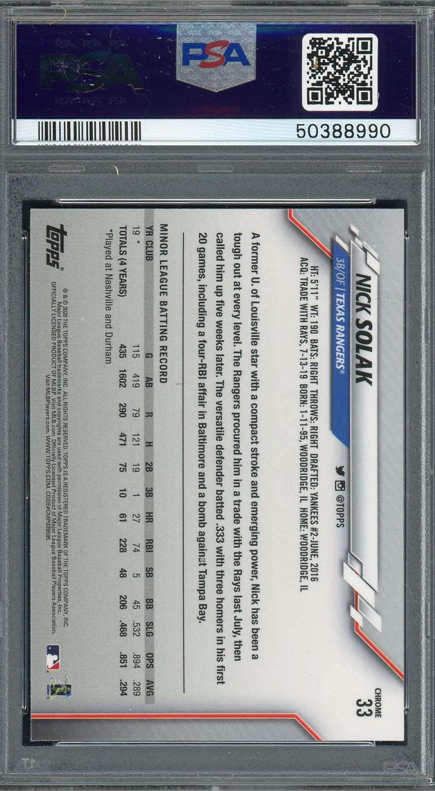 Nick Solak 2020 Topps Chrome Baseball Rookie Card RC #33 Graded PSA 10 GEM MINT-Powers Sports Memorabilia