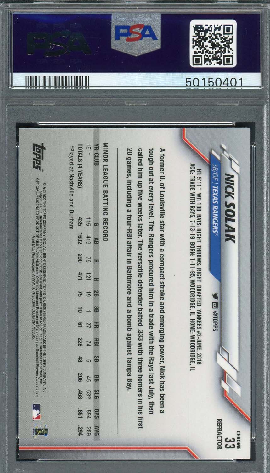 Nick Solak 2020 Topps Chrome Refractor Baseball Rookie Card RC #33 PSA 10-Powers Sports Memorabilia