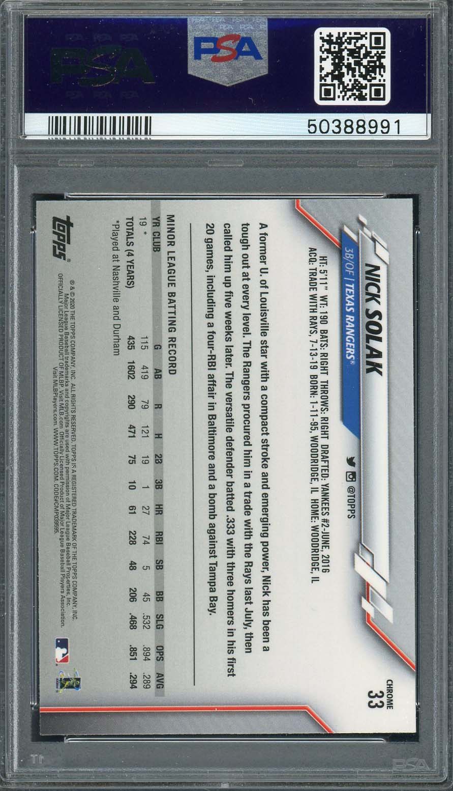 Nick Solak 2020 Topps Chrome Baseball Rookie Card RC #33 Graded PSA 9 MINT-Powers Sports Memorabilia