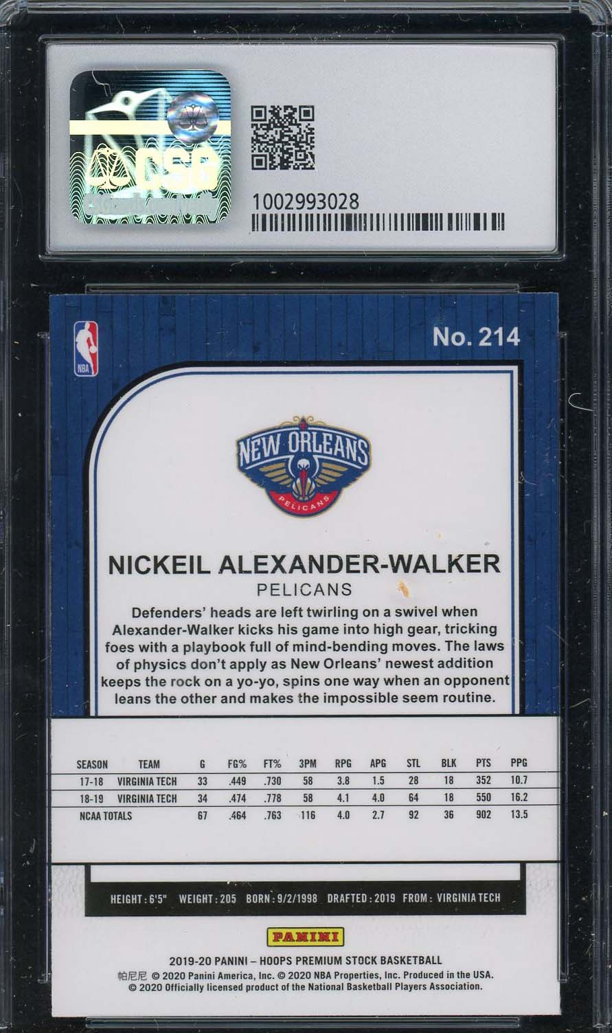 Nickeil Alexander-Walker 2019 Panini Hoops Premium Stock Rookie Card #214 CSG 9-Powers Sports Memorabilia