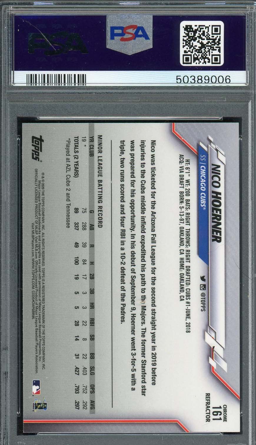Nico Hoerner 2020 Topps Chrome Refractor Baseball Rookie Card #161 Graded PSA 9 MINT-Powers Sports Memorabilia