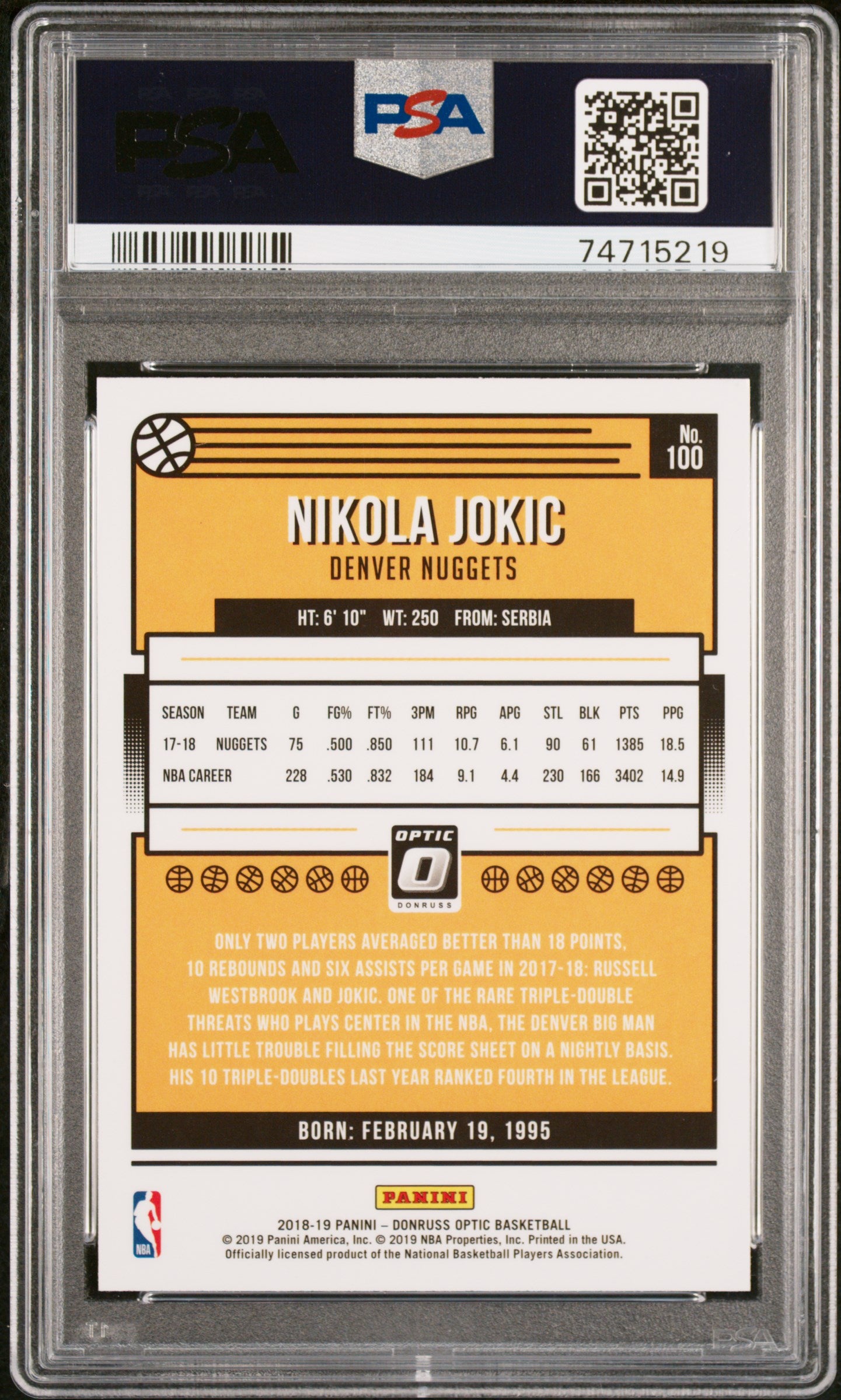 Nikola Jokic 2018 Panini Donruss Optic Basketball Card #100 Graded PSA 9-Powers Sports Memorabilia