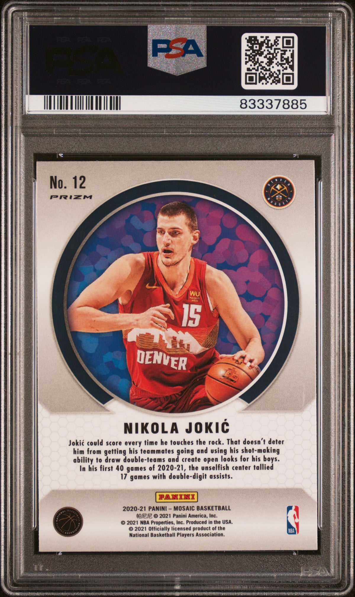 Nikola Jokic 2020 Panini Mosaic Men of Mastery Prizm Card #12 Graded PSA 10
