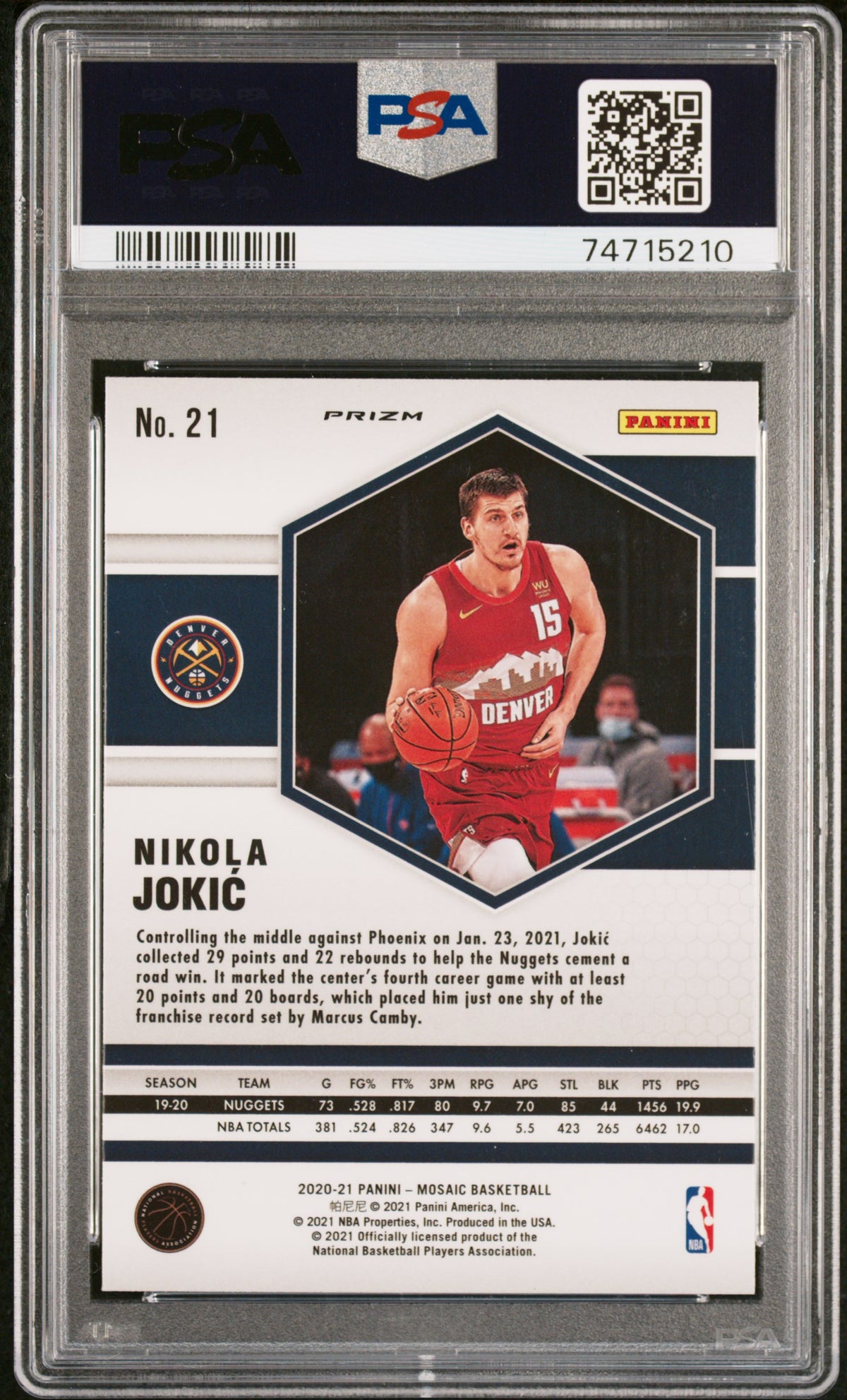 Nikola Jokic 2020 Panini Mosaic Silver Prizm Basketball Card #21 Graded PSA 10-Powers Sports Memorabilia