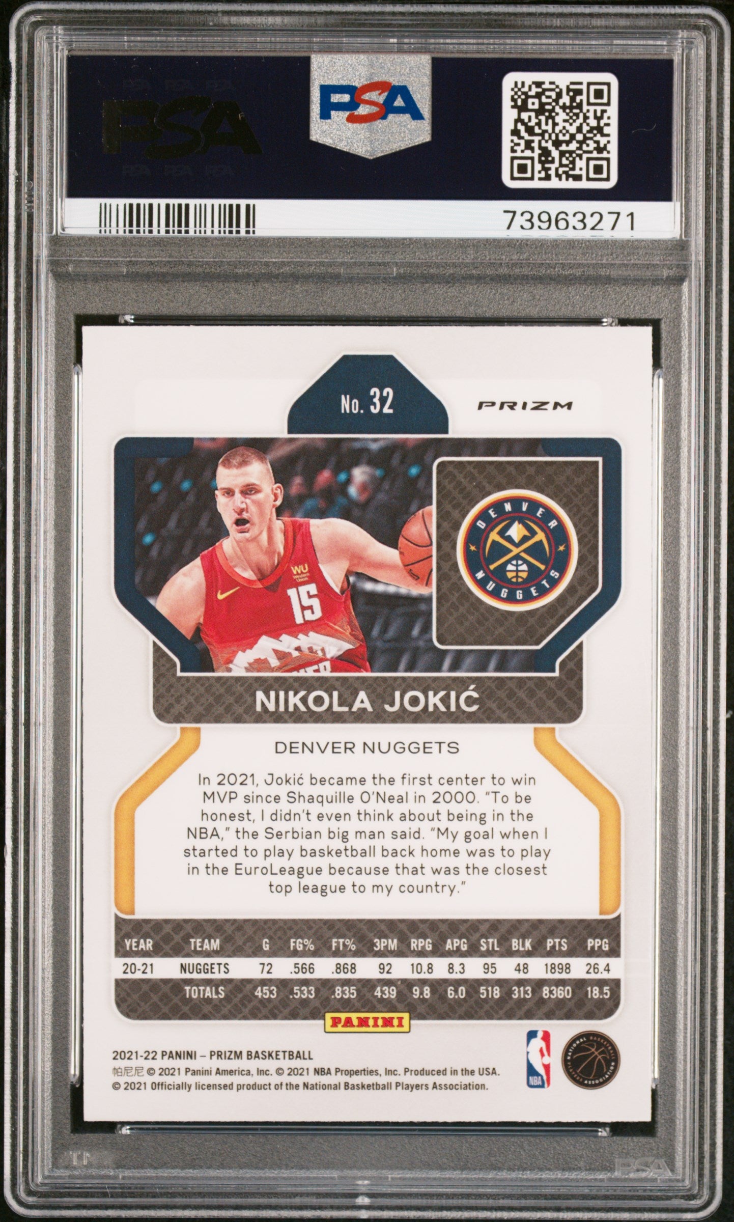 Nikola Jokic 2021 Panini Prizm Purple Wave Basketball Card #32 Graded PSA 10-Powers Sports Memorabilia