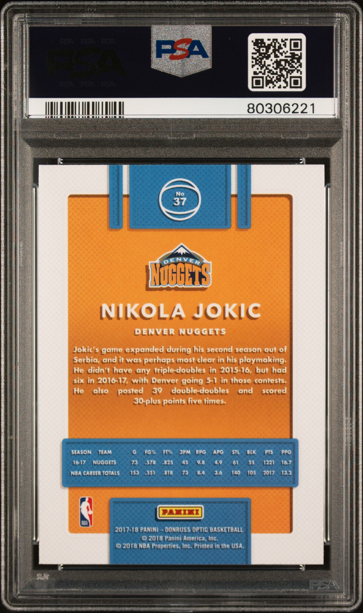 Nikola Jokic 2017 Panini Donruss Optic Basketball Card #37 Graded PSA 9-Powers Sports Memorabilia